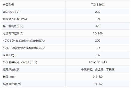 游戏老虎机TIG 250III焊机技术参数